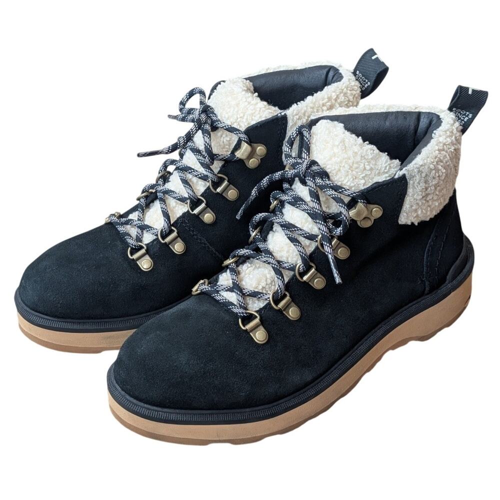 Sorel Boots Hi Line Hiker Womens Size 8.5 Black Tan Fleece Lined Ankle Shoes